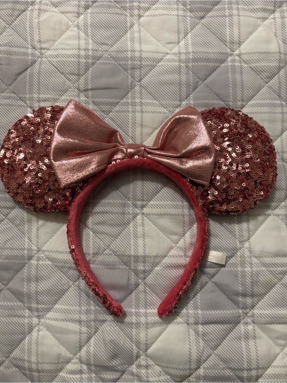 Disney Headband Sequins Minnie Mouse Pink Ears Metallic Pink Ribbon Tokyo Resort